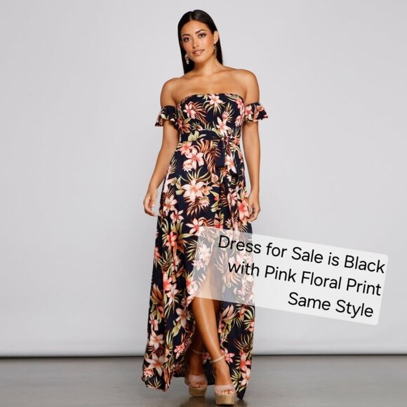 Windsor Tropical Sunsets Black Pink & Blue Floral Print Off Shoulder Maxi Dress - Picture 1 of 8